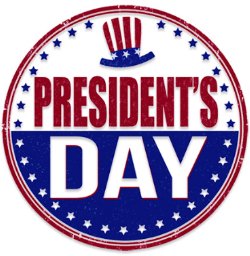 Circular patriotic sign that says \"Presidents\' Day\"